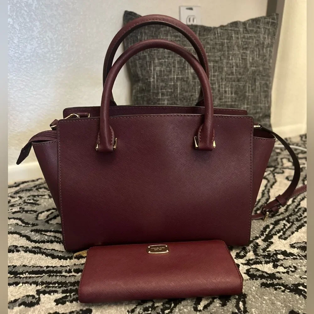 Michael Kors Burgundy Salma Medium Handbag and Wallet Set